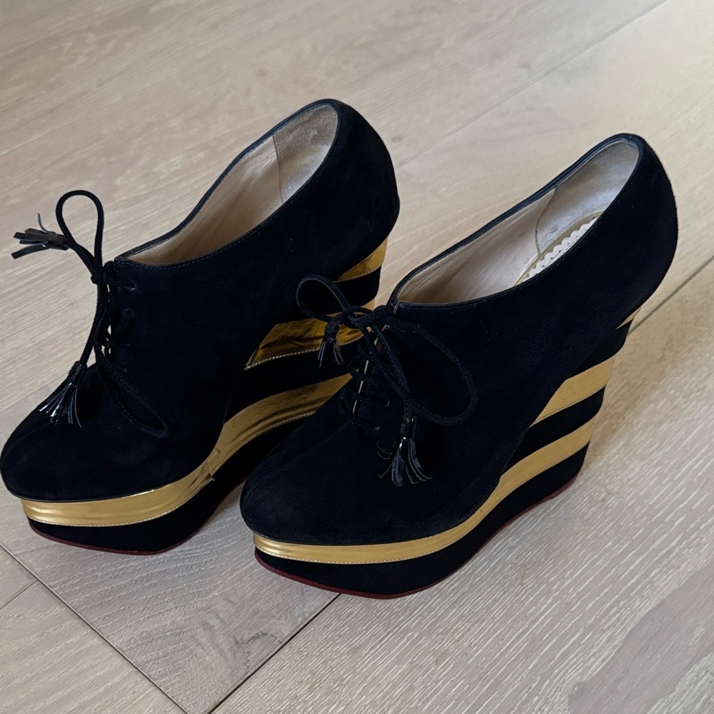 Charlotte Olympia Black and Gold Martha Platform Wedge Booties - Picture 4 of 9